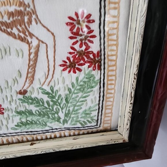 Vintage 1940's Original Handmade Needle Work Doe And Fawn Tapestry Framed 18x 23 - Picture 5 of 6